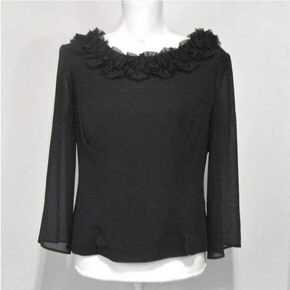 Black Ruffle Neck Blouse Size 8 Semi Sheer Sleeves - Picture 1 of 7